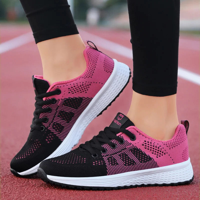 Para Mulheres sapatos casuais respirável enquanto andando, malha rendas  tênis feminino  rosa, preto, branco.