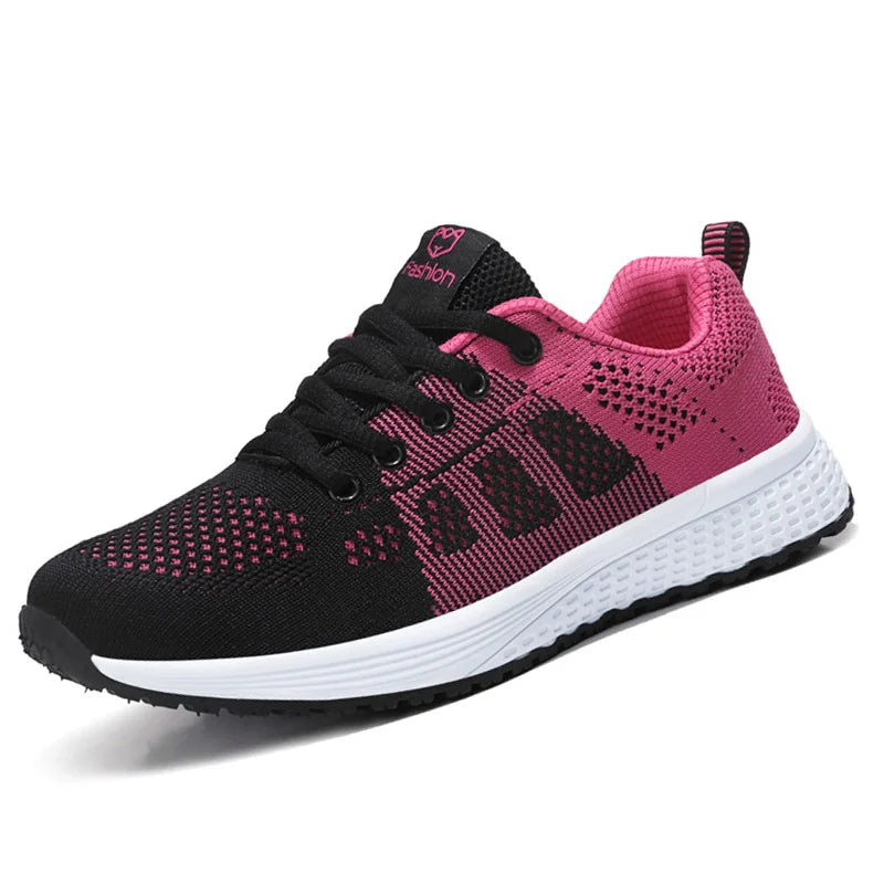 Para Mulheres sapatos casuais respirável enquanto andando, malha rendas  tênis feminino  rosa, preto, branco.