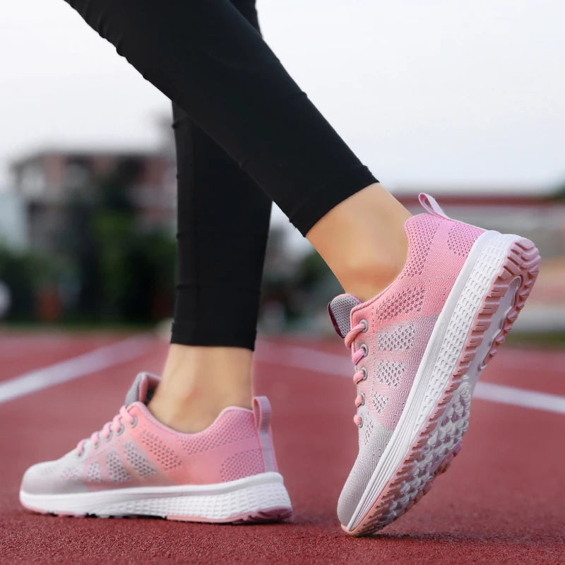 Para Mulheres sapatos casuais respirável enquanto andando, malha rendas  tênis feminino  rosa, preto, branco.